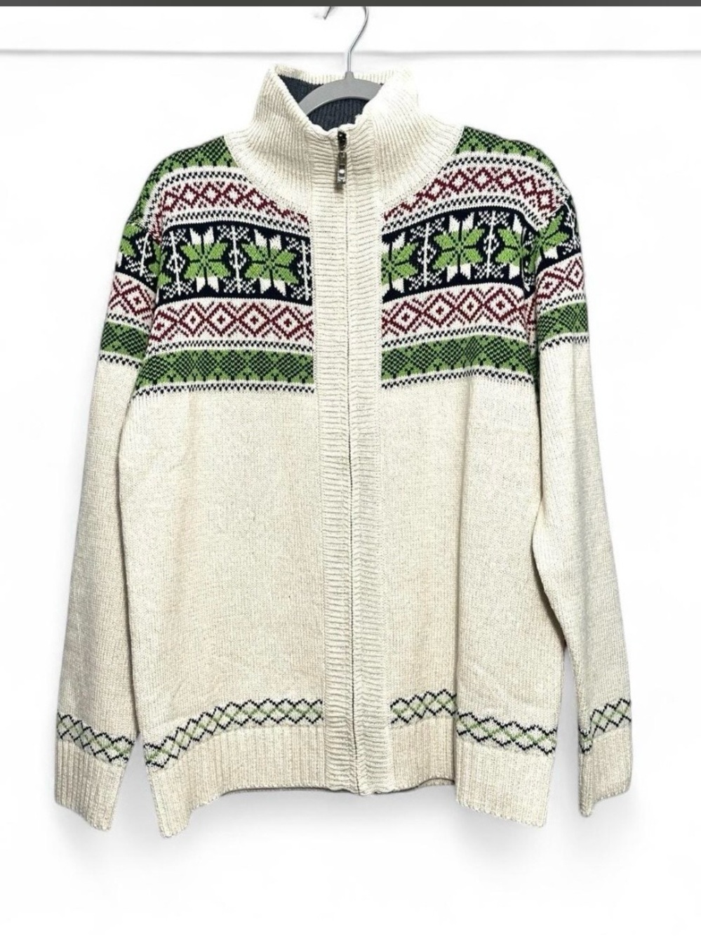 Nordic Fair Isle Full Zip Cream Beige Cardigan Men Large Festive Winter Layer